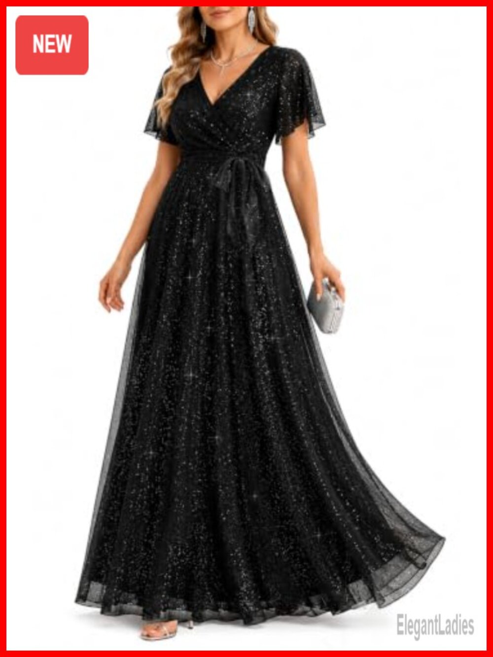 Shimmer Formal Evening Maxi Dress V-Neck A-Line Flutter Sleeve